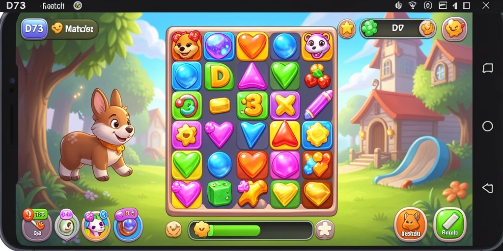Gameplay seru D73 dengan pencocokan tiga item dalam satu baris.