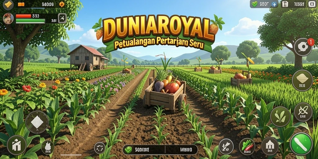 Screenshot gameplay DUNIAROYAL menunjukkan ladang yang subur dan hewan yang sehat.