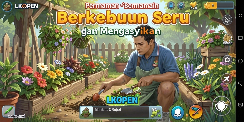 Tangkapan layar gameplay LKOPEN menampilkan kebun yang subur dan hewan ternak.