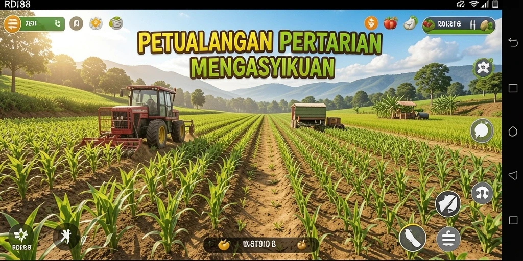Screenshot gameplay RDI88 yang menampilkan aktivitas petani di kebun.