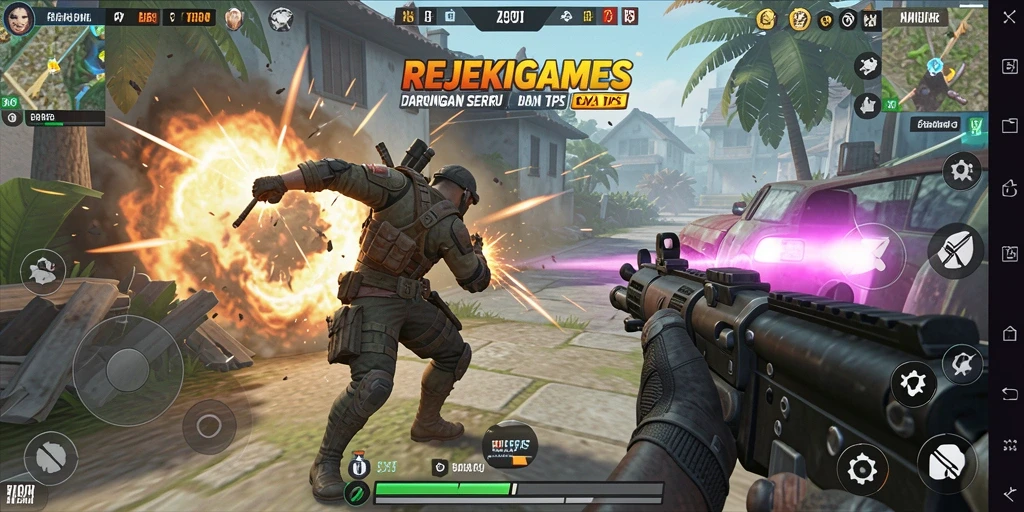 Tangkapan layar utama dari gameplay REJEKIGAMES dalam pertempuran seru TPS.