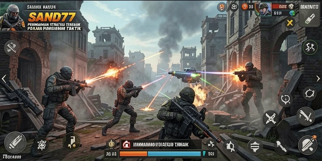 Tampilan gameplay SAND77 dengan taktik seru dan karakter unik.