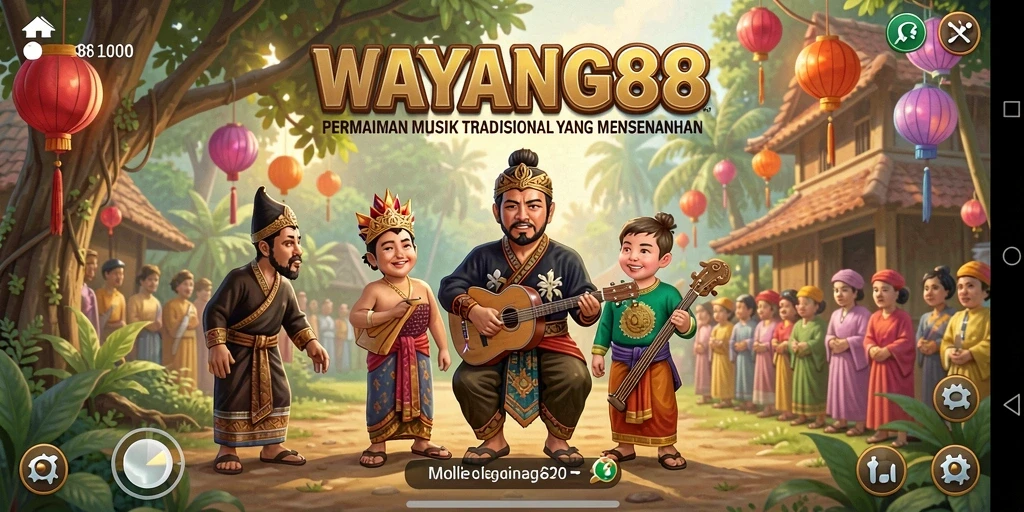 Tampilan gameplay WAYANG88 yang menampilkan alat musik tradisional.